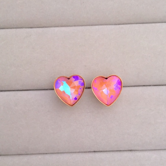 Jewelry - Rose Pink Aurora Borealis + Gold Crystal Heart Earrings